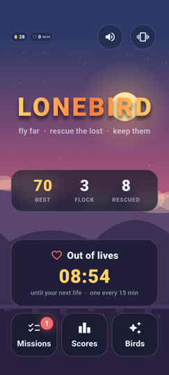 Lonebird's home screen, showing lives, feathers and the play button